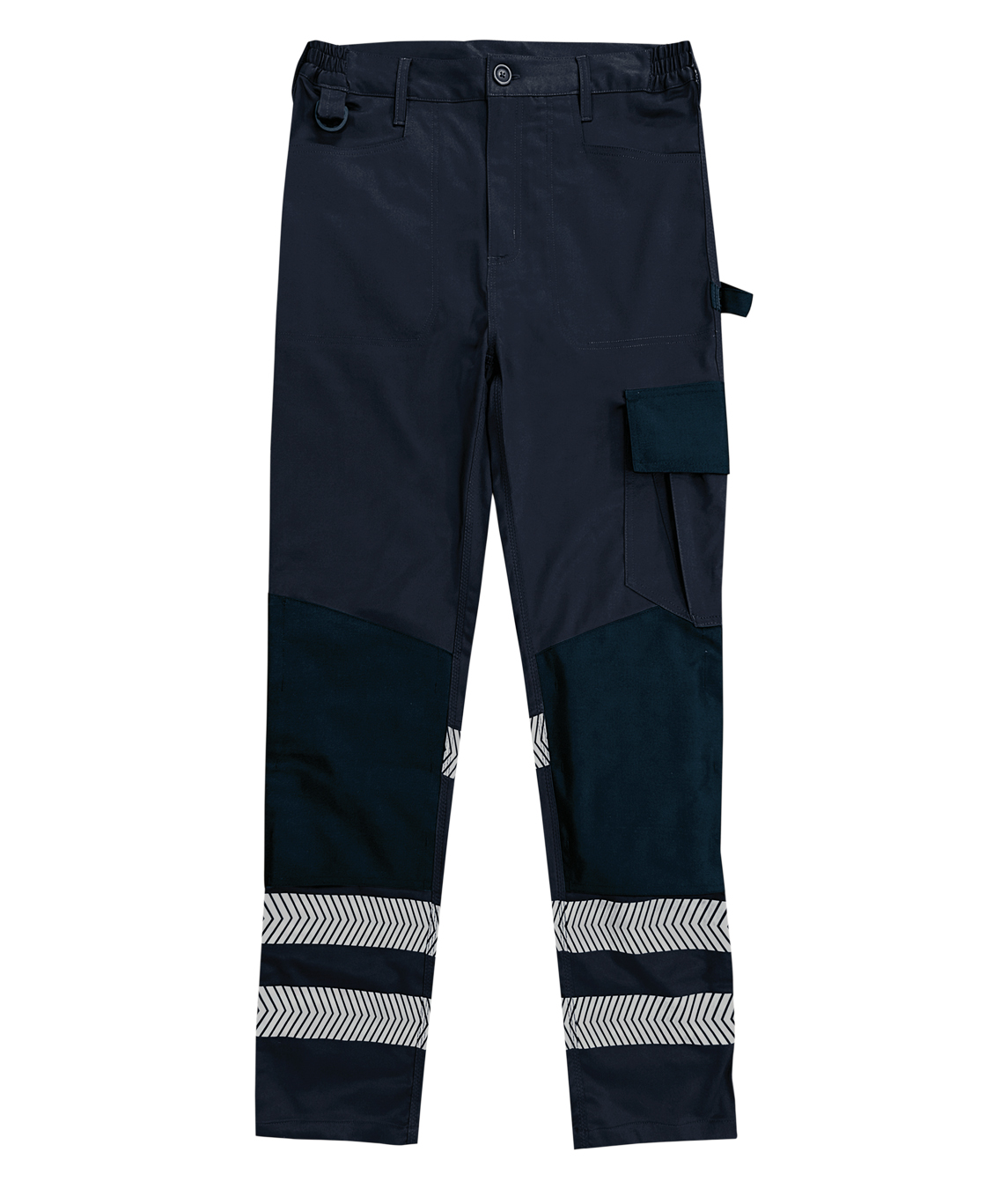 Navy work trousers featuring reflective chevron stripes at the ankles, cargo pocket, tool loops, reinforced knee areas, and elastic waistband for comfortable wear. Durable and practical, ideal for high-visibility needs. By MAK Boots & Garments.