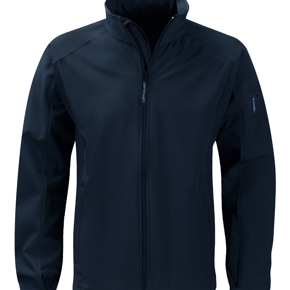 Navy softshell jacket with full front zipper, stand-up collar, and zippered pocket on the left sleeve designed for lightweight weather protection and comfort by MAK Boots & Garments.