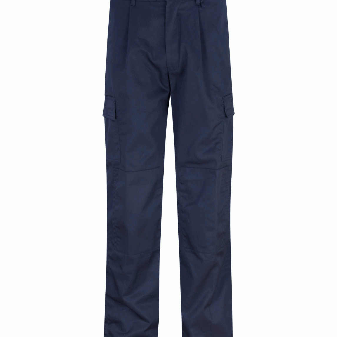 Navy tactical trousers with a straight-leg cut, button closure, belt loops, and dual cargo pockets on each thigh, built for utility, movement, and everyday durability by MAK Boots & Garments.