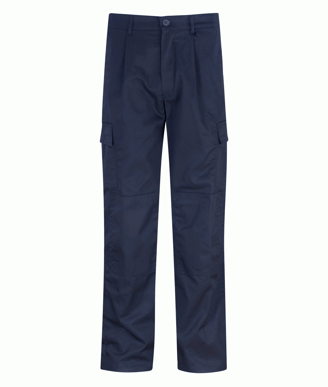 Navy tactical trousers with a straight-leg cut, button closure, belt loops, and dual cargo pockets on each thigh, built for utility, movement, and everyday durability by MAK Boots & Garments.