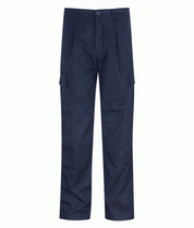 Navy tactical trousers with a straight-leg cut, button closure, belt loops, and dual cargo pockets on each thigh, built for utility, movement, and everyday durability by MAK Boots & Garments.