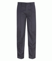 Navy uniform trousers with a tailored straight-leg fit, pressed front crease, button closure, and belt loops, made for sharp presentation and day-to-day durability by MAK Boots & Garments.