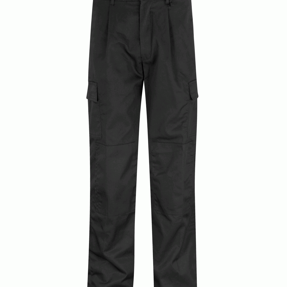 Obsidian Cargo  black tactical trousers with a straight-leg cut, button closure, belt loops, and dual cargo pockets on each thigh, built for utility, movement, and everyday durability by MAK Boots & Garments.