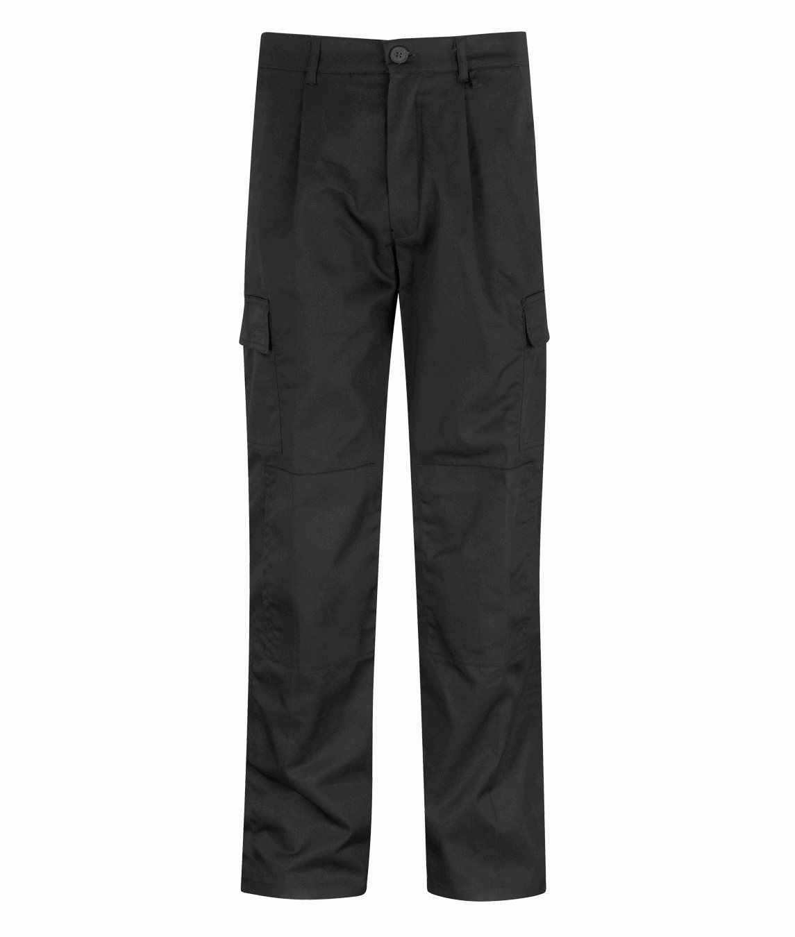 Obsidian Cargo  black tactical trousers with a straight-leg cut, button closure, belt loops, and dual cargo pockets on each thigh, built for utility, movement, and everyday durability by MAK Boots & Garments.