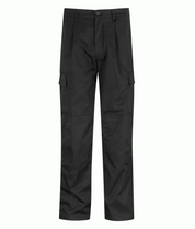 Obsidian Cargo  black tactical trousers with a straight-leg cut, button closure, belt loops, and dual cargo pockets on each thigh, built for utility, movement, and everyday durability by MAK Boots & Garments.