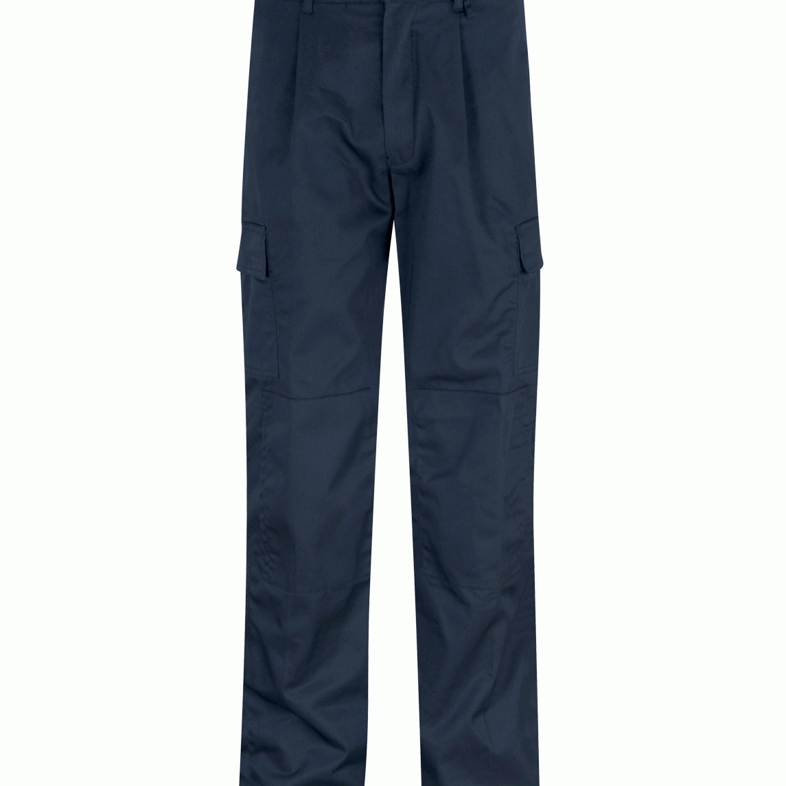 Obsidian Cargo Navy tactical trousers with a straight-leg cut, button closure, belt loops, and dual cargo pockets on each thigh, built for utility, movement, and everyday durability by MAK Boots & Garments.