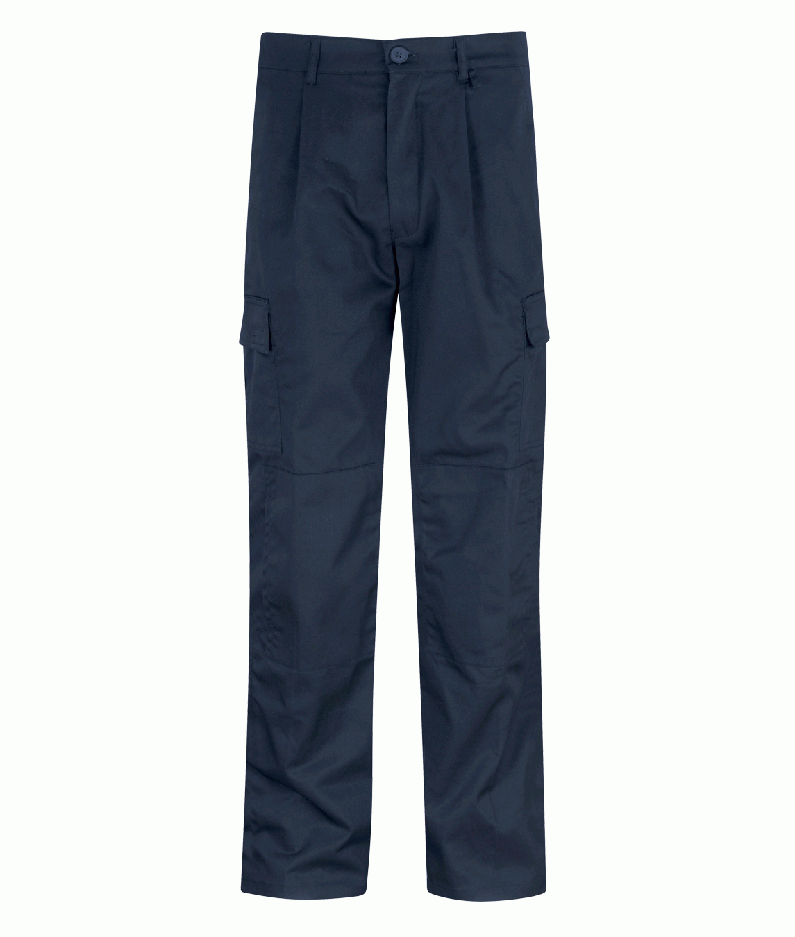 Obsidian Cargo Navy tactical trousers with a straight-leg cut, button closure, belt loops, and dual cargo pockets on each thigh, built for utility, movement, and everyday durability by MAK Boots & Garments.