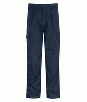 Obsidian Cargo Navy tactical trousers with a straight-leg cut, button closure, belt loops, and dual cargo pockets on each thigh, built for utility, movement, and everyday durability by MAK Boots & Garments.