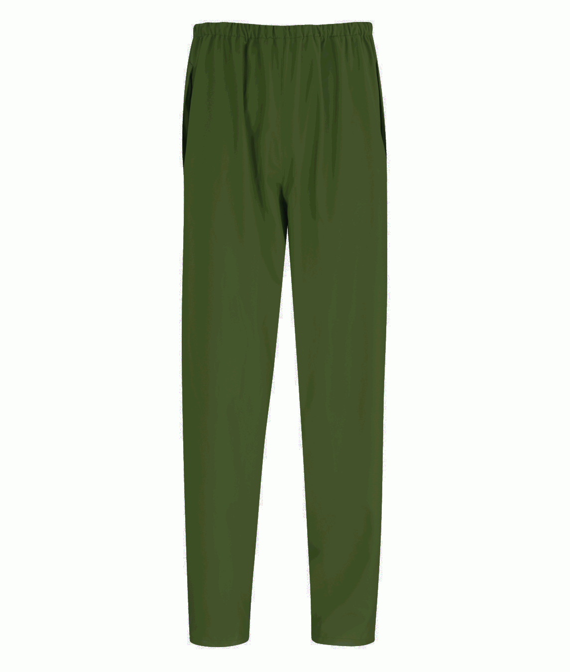 Olive utility trousers with a straight-leg cut, elastic waistband, and side-entry pockets, designed for lightweight layering and unrestricted movement in active environments by MAK Boots & Garments.