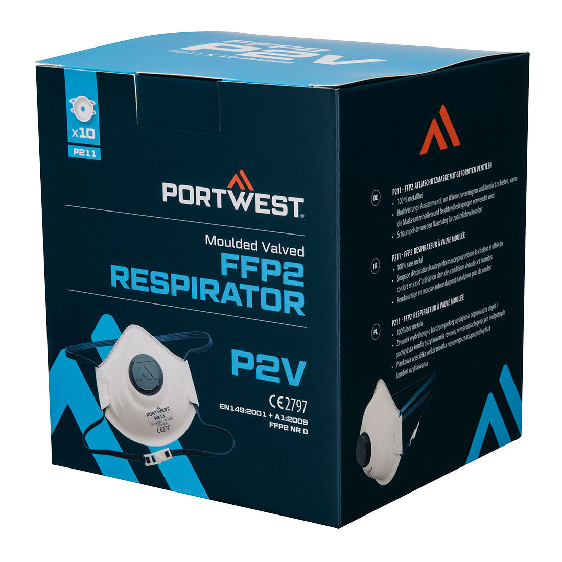 Pack of 10 Portwest P311 FFP2 valved respirators in retail box, showcasing valve and branding