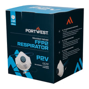 Pack of 10 Portwest P311 FFP2 valved respirators in retail box, showcasing valve and branding