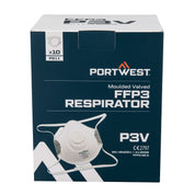 Portwest P311 Moulded FFP3 Valved Respirator – pack of 10 in retail box, showing white respirators with exhalation valves.