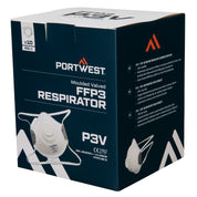 Portwest P311 Moulded FFP3 Valved Respirator – pack of 10 in retail box, showing white respirators with exhalation valves.