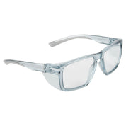 Full-frame safety glasses with clear light-blocking lens, integrated side shields, moulded nose piece, and soft arm tips; CE and ANSI Z87+ certified.