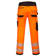Back view of Portwest PW3 Hi-Vis Lightweight Stretch Work Trousers in orange/black with triple-stitched seams and contrast panels