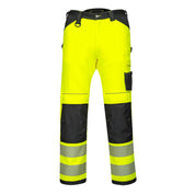 Portwest PW3 Hi-Vis Lightweight Stretch Work Trousers – front view in yellow/black with HiVisTex Pro segmented reflective tape and multi-way thigh pocket
