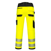 Back view of Portwest PW3 Hi-Vis Lightweight Stretch Work Trousers in yellow/black with triple-stitched seams and contrast panels