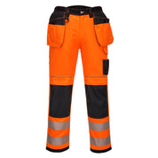 Portwest PW3 Hi-Vis Stretch Holster Pocket Trousers – front view in orange/black, featuring multi-functional holster pockets, top-loading kneepad pockets, and HiVisTex Pro segmented reflective tape for enhanced visibility.