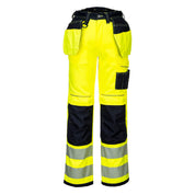 Portwest PW3 Hi-Vis Stretch Holster Pocket Trousers – front view in yellow/black, featuring multi-functional holster pockets, top-loading kneepad pockets, and HiVisTex Pro segmented reflective tape for enhanced visibility.