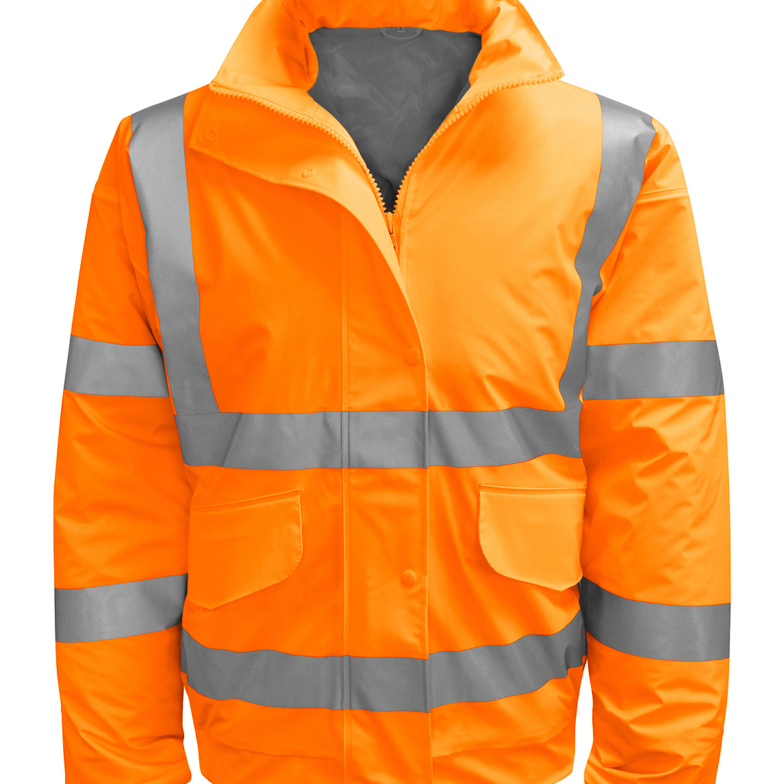 high-visibility orange safety jacket with wide silver reflective striping across the chest, back, and sleeves, featuring a zip and snap-front closure, dual front flap pockets, and a clean silhouette for dependable visibility and comfort by MAK Boots & Garments.