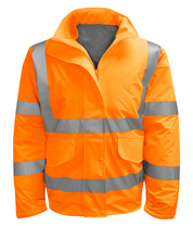 high-visibility orange safety jacket with wide silver reflective striping across the chest, back, and sleeves, featuring a zip and snap-front closure, dual front flap pockets, and a clean silhouette for dependable visibility and comfort by MAK Boots & Garments.