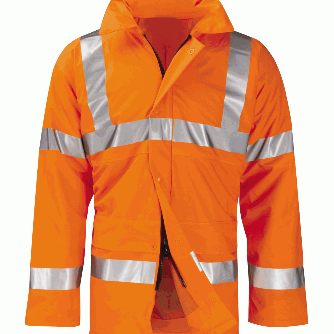  Padded high-visibility orange safety jacket with silver reflective striping across the chest, arms, and shoulders, featuring a zip and snap-button front closure, tall protective collar, and reinforced pocket zones for visibility and durability on the job by MAK Boots & Garments.