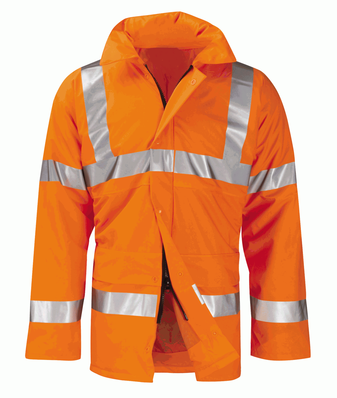  Padded high-visibility orange safety jacket with silver reflective striping across the chest, arms, and shoulders, featuring a zip and snap-button front closure, tall protective collar, and reinforced pocket zones for visibility and durability on the job by MAK Boots & Garments.