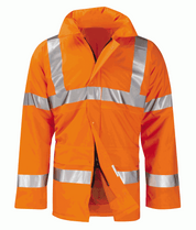  Padded high-visibility orange safety jacket with silver reflective striping across the chest, arms, and shoulders, featuring a zip and snap-button front closure, tall protective collar, and reinforced pocket zones for visibility and durability on the job by MAK Boots & Garments.