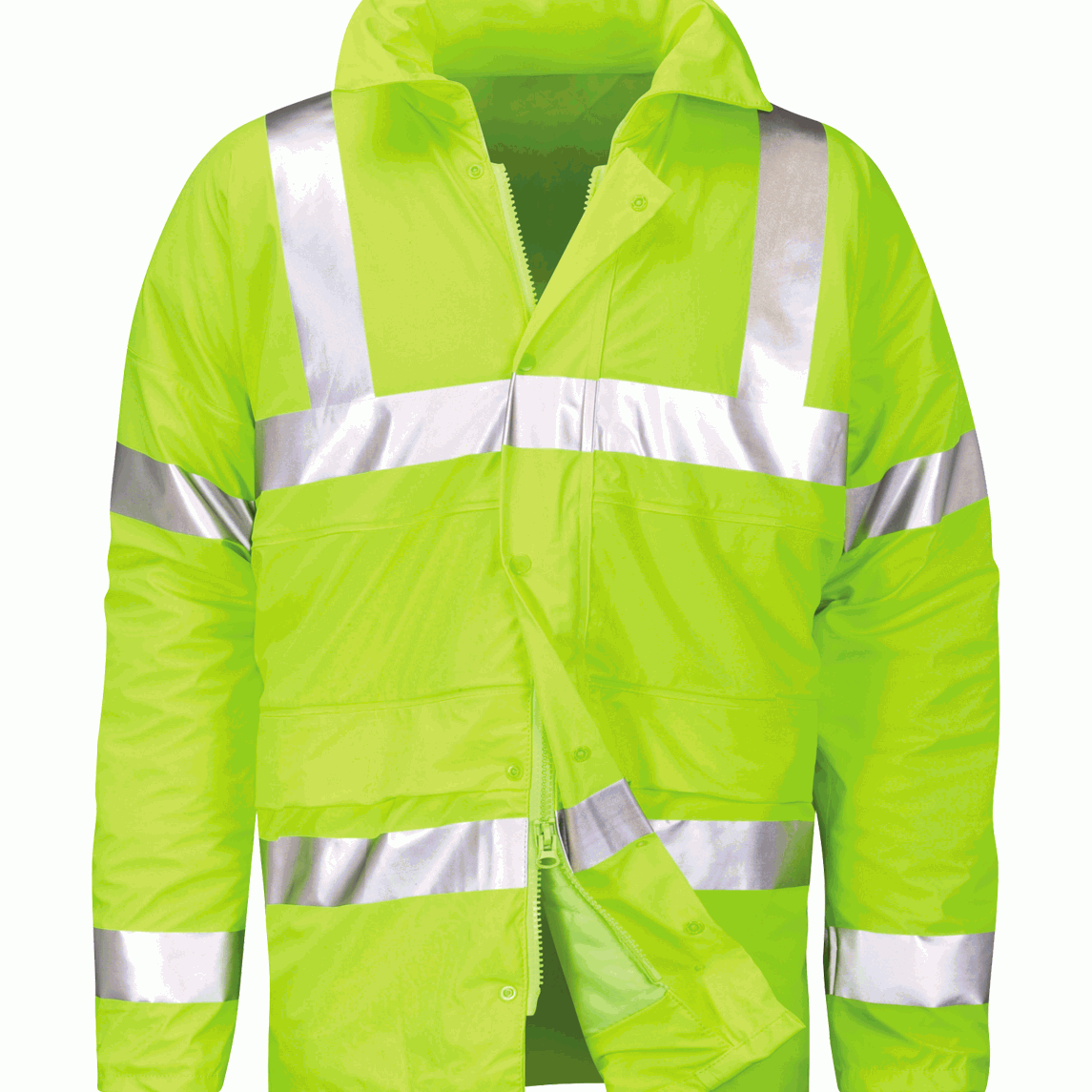 Padded high-visibility yellow safety jacket with silver reflective striping across the chest, arms, and shoulders, featuring a zip and snap-button front closure, tall protective collar, and reinforced pocket zones for visibility and durability on the job by MAK Boots & Garments.