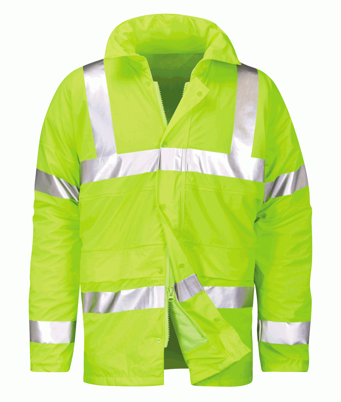 Padded high-visibility yellow safety jacket with silver reflective striping across the chest, arms, and shoulders, featuring a zip and snap-button front closure, tall protective collar, and reinforced pocket zones for visibility and durability on the job by MAK Boots & Garments.