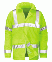 Padded high-visibility yellow safety jacket with silver reflective striping across the chest, arms, and shoulders, featuring a zip and snap-button front closure, tall protective collar, and reinforced pocket zones for visibility and durability on the job by MAK Boots & Garments.