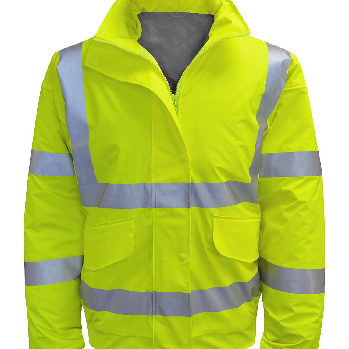 Padded high-visibility yellow safety jacket with wide silver reflective striping across the chest, back, and sleeves, featuring a zip and snap-front closure, dual front flap pockets, and a clean silhouette for dependable visibility and comfort by MAK Boots & Garments.