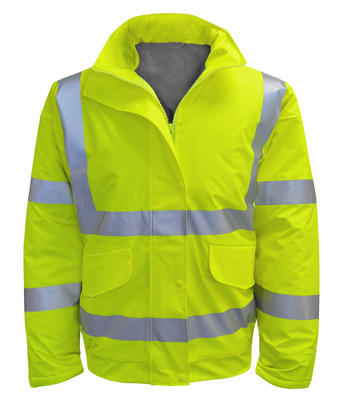Padded high-visibility yellow safety jacket with wide silver reflective striping across the chest, back, and sleeves, featuring a zip and snap-front closure, dual front flap pockets, and a clean silhouette for dependable visibility and comfort by MAK Boots & Garments.