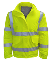 Padded high-visibility yellow safety jacket with wide silver reflective striping across the chest, back, and sleeves, featuring a zip and snap-front closure, dual front flap pockets, and a clean silhouette for dependable visibility and comfort by MAK Boots & Garments.