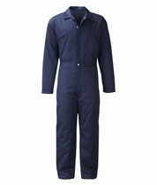 Padded navy utility coverall with a front zip and snap-button closure, angled chest zip pockets, reinforced seams, and a tailored collar, designed for durability, mobility, and full-body protection — by MAK Boots & Garments