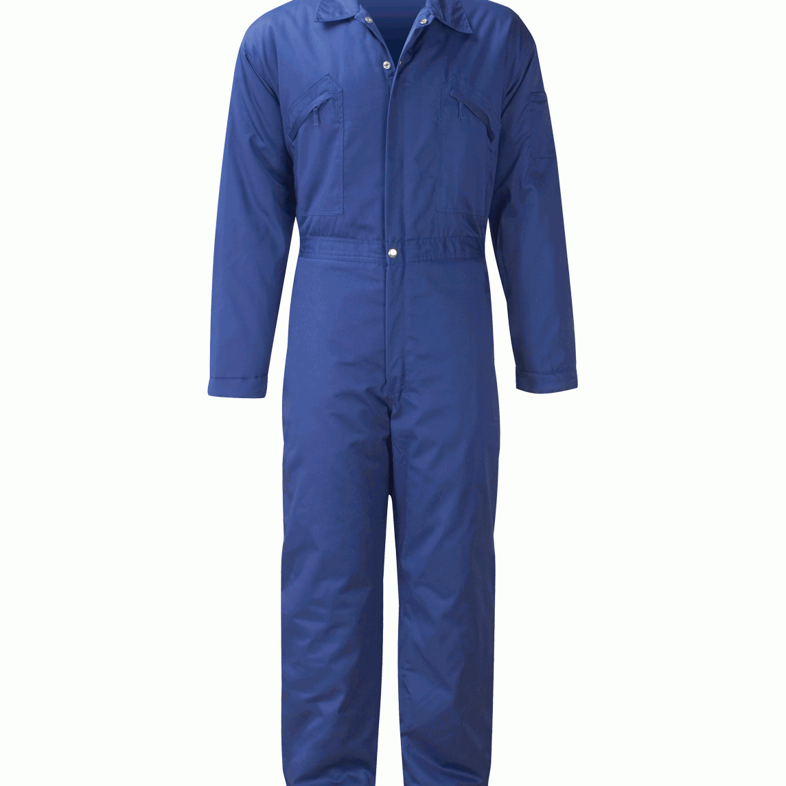 Padded royal blue utility coverall with a front zip and snap-button closure, angled chest zip pockets, reinforced seams, and a tailored collar, designed for durability, mobility, and full-body protection by MAK Boots & Garments