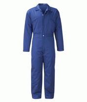 Padded royal blue utility coverall with a front zip and snap-button closure, angled chest zip pockets, reinforced seams, and a tailored collar, designed for durability, mobility, and full-body protection by MAK Boots & Garments