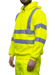 A person wearing a high-visibility yellow hoodie with reflective grey stripes across the chest, arms, and shoulders. The hoodie features a front kangaroo pocket and is paired with matching high-vis work trousers. Only the upper body and part of the legs are visible. The outfit is designed for safety and visibility in work environments. by MAK Boots & Garments