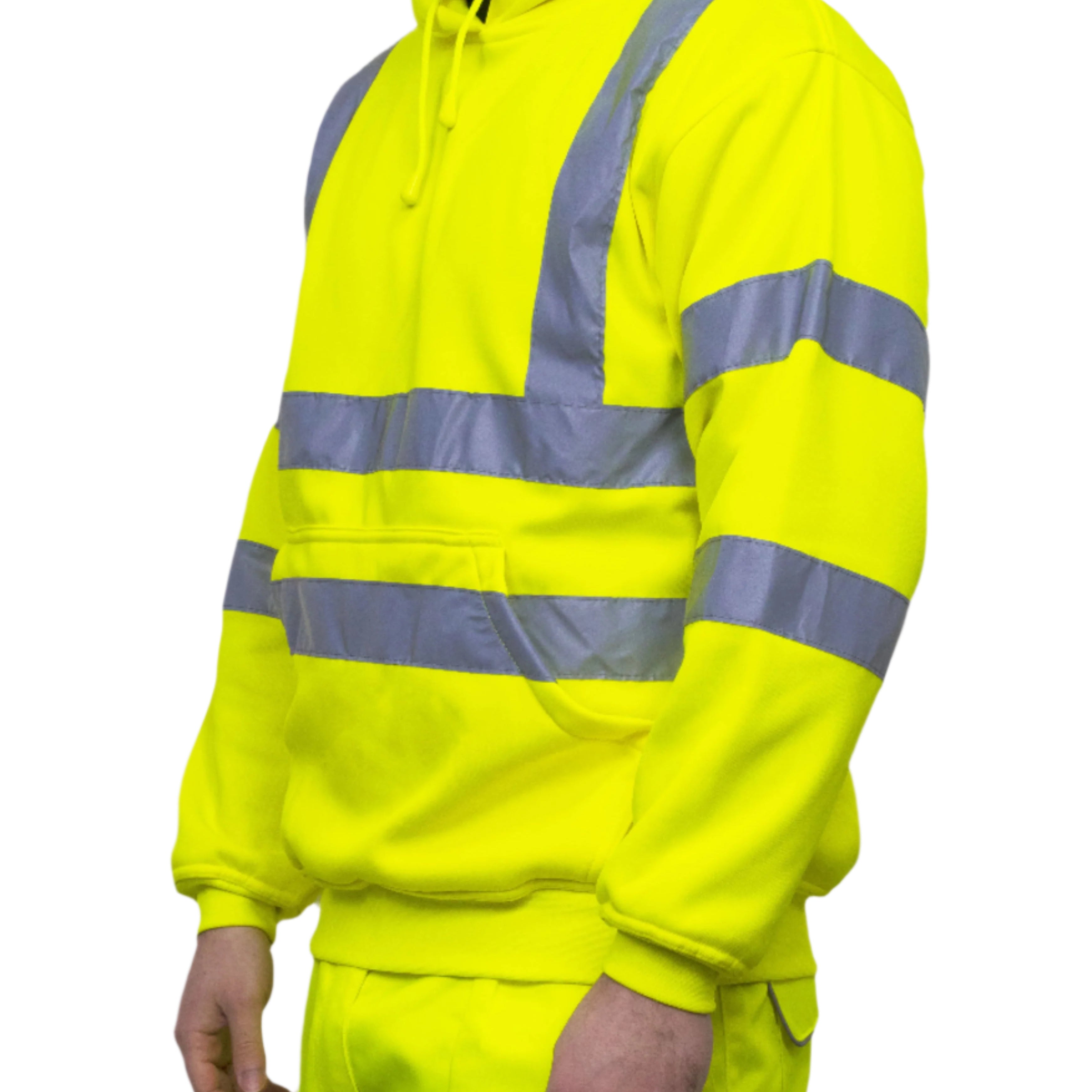 A person wearing a high-visibility yellow hoodie with reflective grey stripes across the chest, arms, and shoulders. The hoodie features a front kangaroo pocket and is paired with matching high-vis work trousers. Only the upper body and part of the legs are visible. The outfit is designed for safety and visibility in work environments. by MAK Boots & Garments