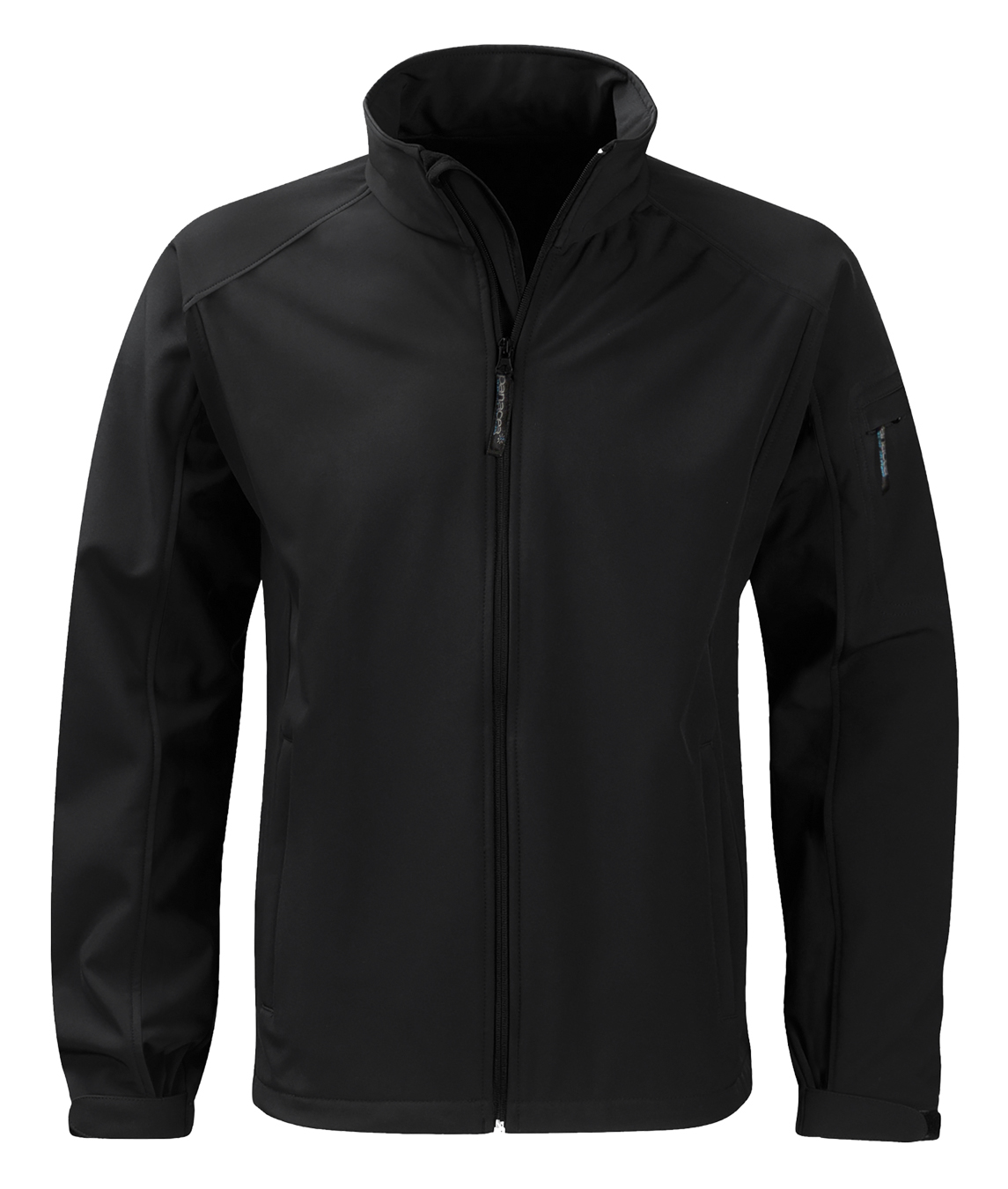 Men's black softshell jacket with full front zipper and stand-up collar. Sleek, windproof, and built for flexible layering. By MAK Boots & Garments.