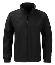 Men's black softshell jacket with full front zipper and stand-up collar. Sleek, windproof, and built for flexible layering. By MAK Boots & Garments.