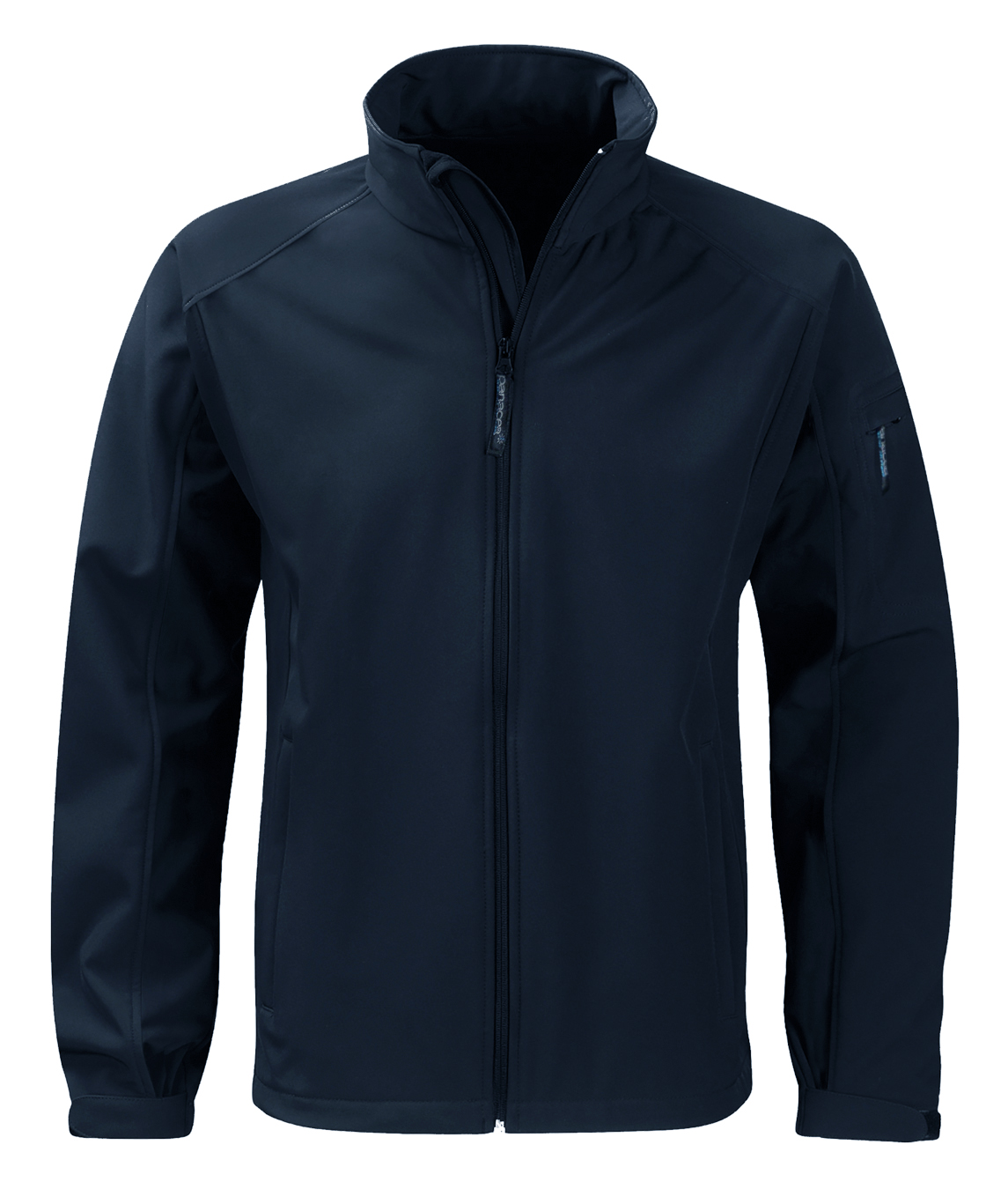Men's black softshell jacket with full front zipper and stand-up collar. Sleek, windproof, and built for flexible layering. By MAK Boots & Garments.