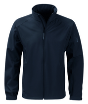 Men's black softshell jacket with full front zipper and stand-up collar. Sleek, windproof, and built for flexible layering. By MAK Boots & Garments.