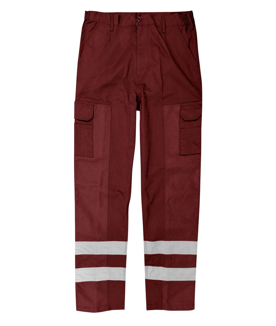 Red cargo work pants featuring dual thigh pockets, belt loops, and two bands of silver reflective striping around each lower leg for enhanced low-light visibility and tactical functionality by MAK Boots & Garments.