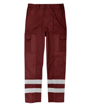 Red cargo work pants featuring dual thigh pockets, belt loops, and two bands of silver reflective striping around each lower leg for enhanced low-light visibility and tactical functionality by MAK Boots & Garments.