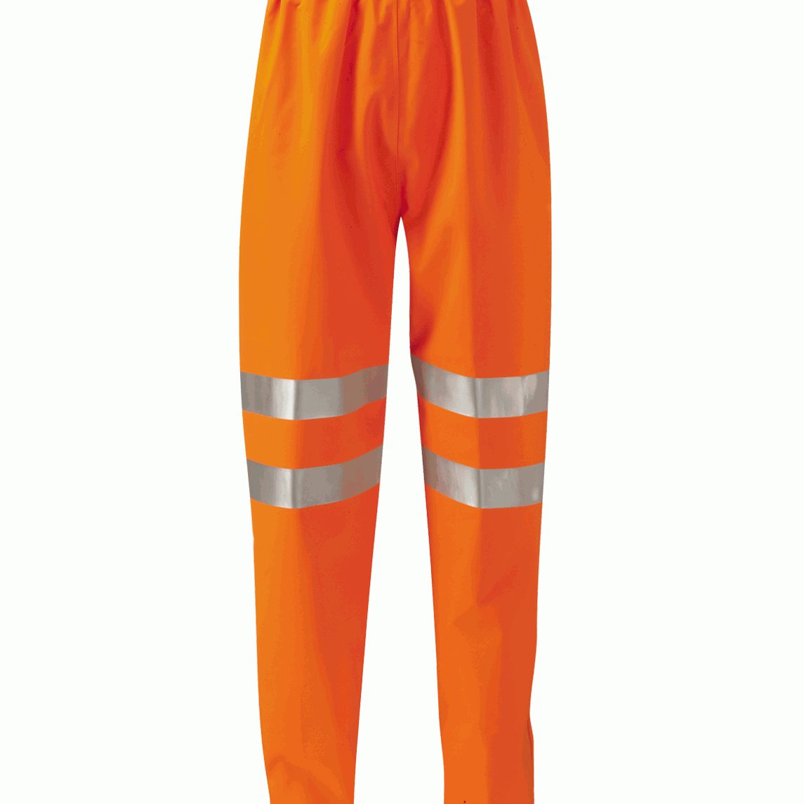 Fluorescent orange waterproof overtrousers with an elasticated waistband and dual silver reflective bands on each leg, ideal for high-visibility workwear in low-light and hazardous conditions.