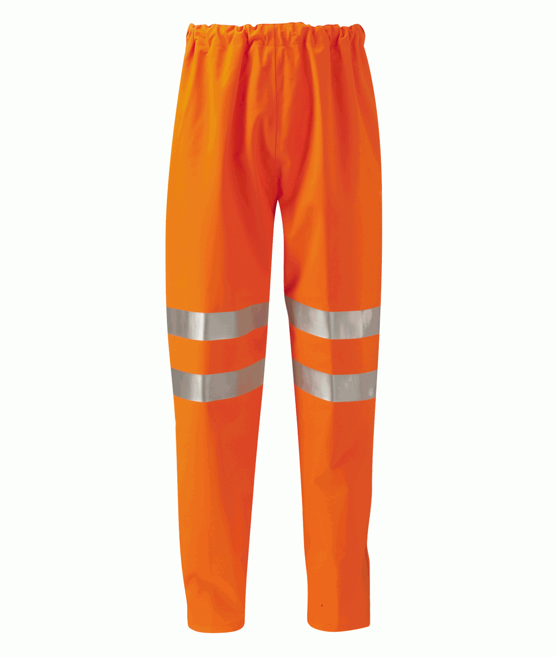 Fluorescent orange waterproof overtrousers with an elasticated waistband and dual silver reflective bands on each leg, ideal for high-visibility workwear in low-light and hazardous conditions.