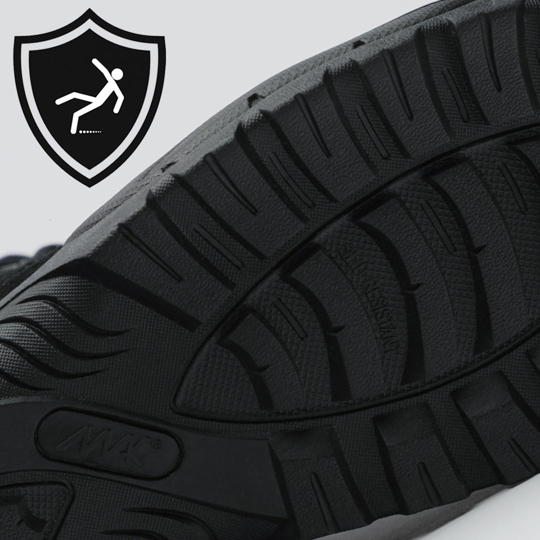 protector 9&quot; side zip black leather close up of slip resistant sole and mak logo
