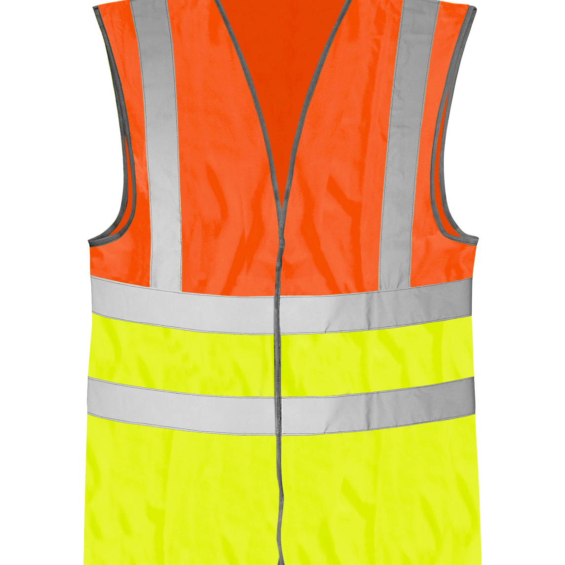 Two-tone high-visibility vest with fluorescent orange upper and yellow lower panels, featuring dual horizontal silver reflective bands and vertical shoulder stripes for enhanced daytime and nighttime visibility.
by MAK Boots & Garments