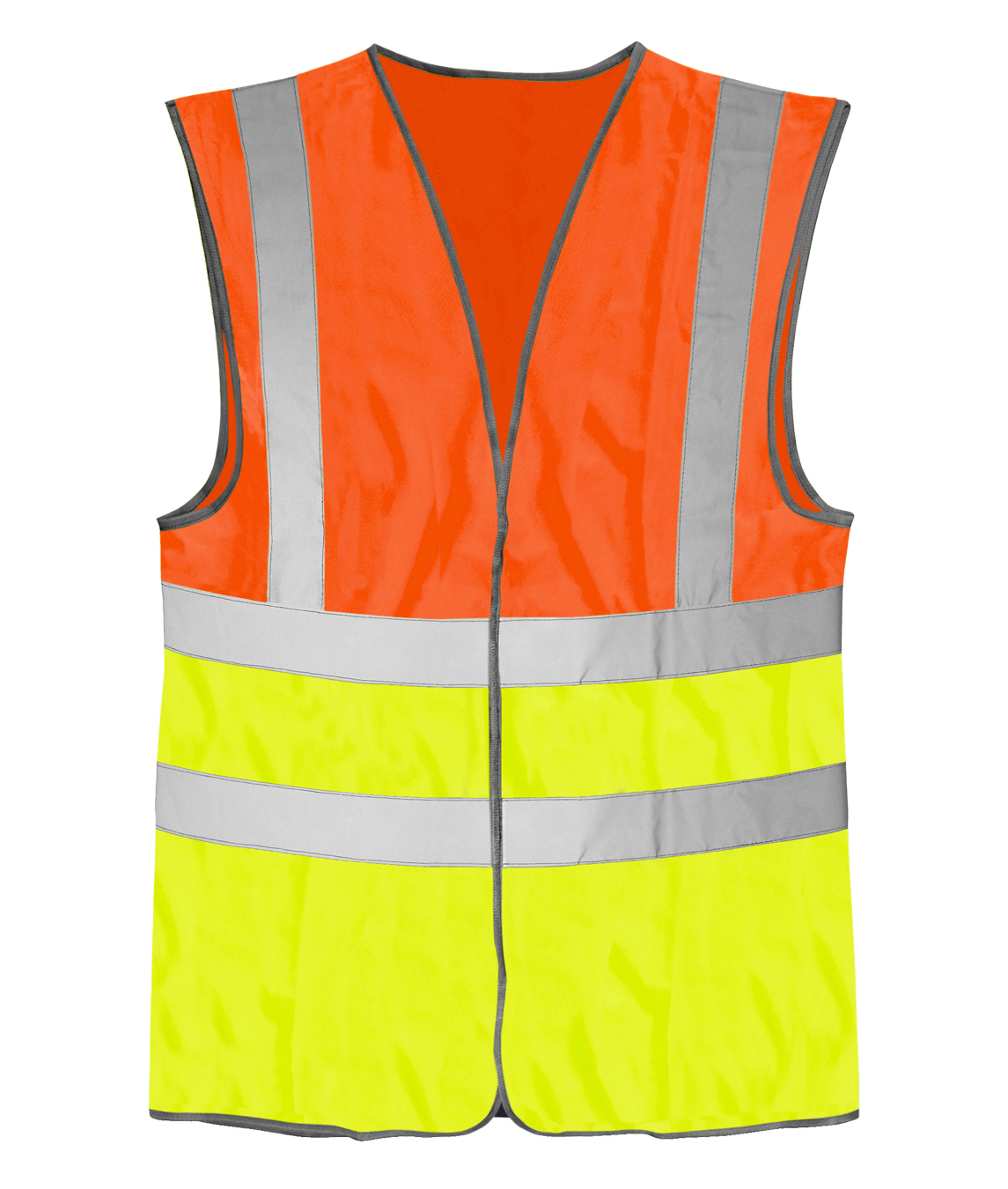 Two-tone high-visibility vest with fluorescent orange upper and yellow lower panels, featuring dual horizontal silver reflective bands and vertical shoulder stripes for enhanced daytime and nighttime visibility.
by MAK Boots & Garments